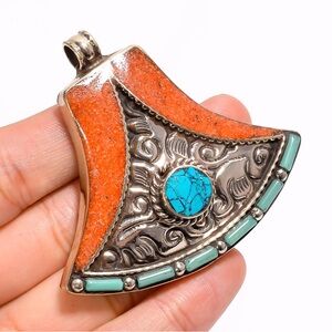 Silver and Turquoise Pendant with Orange Accents